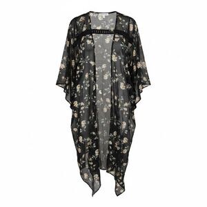 Emory Park Women's Black Floral Open Front Kimono Cover Up Sz Large Boho Casual